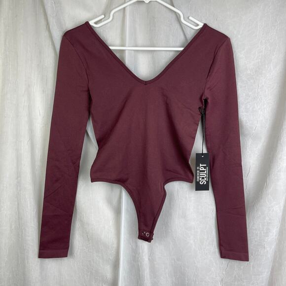 Forever 21 Sculpt Butter Seamless Thong Bodysuit V Neck Long Sleeve Purple NWT S - Picture 13 of 16